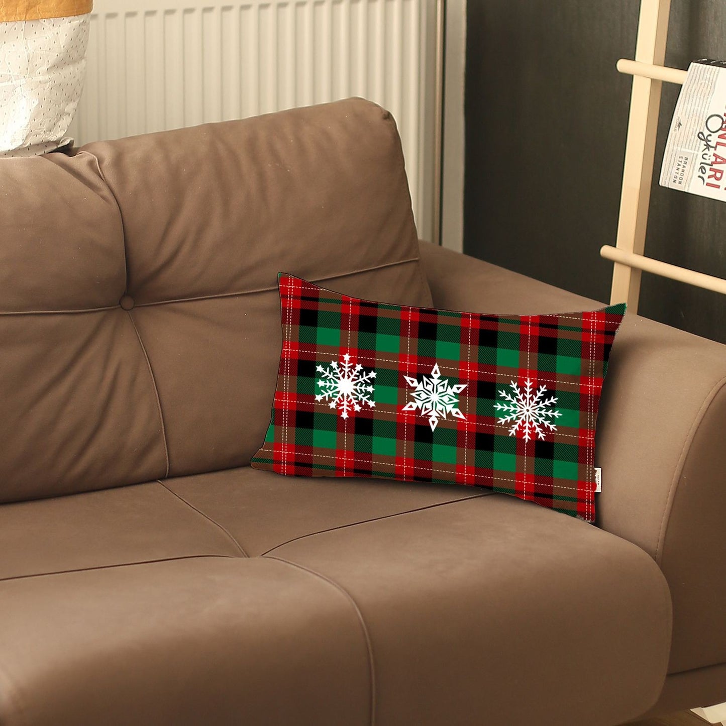 Christmas Snowflake Trio Plaid Lumbar Pillow Cover