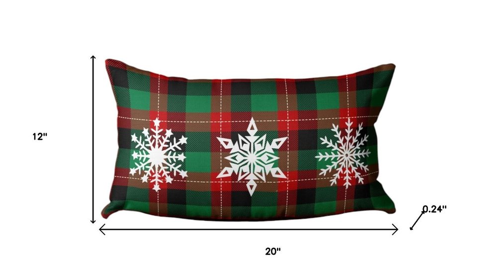 12" X 20" Green Red And Black Christmas Snowflakes Trio Plaid Throw Pillow Cover