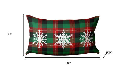 12" X 20" Green Red And Black Christmas Snowflakes Trio Plaid Throw Pillow Cover