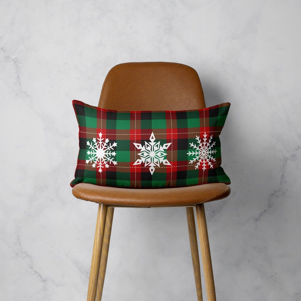 12" X 20" Green Red And Black Christmas Snowflakes Trio Plaid Throw Pillow Cover