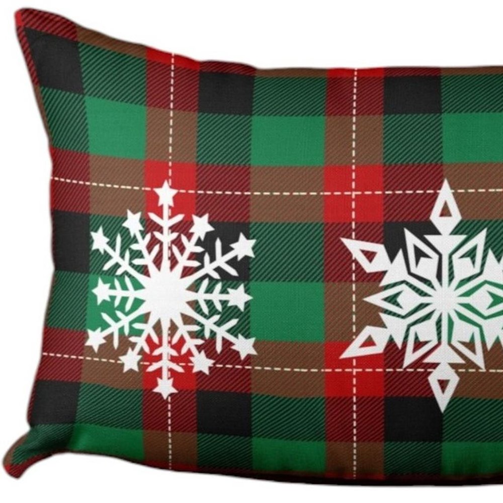 12" X 20" Green Red And Black Christmas Snowflakes Trio Plaid Throw Pillow Cover