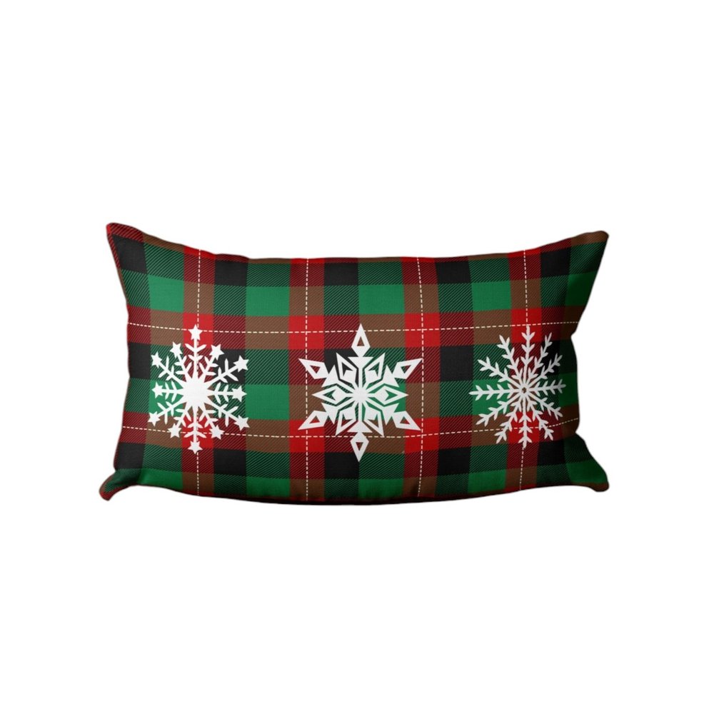 12" X 20" Green Red And Black Christmas Snowflakes Trio Plaid Throw Pillow Cover