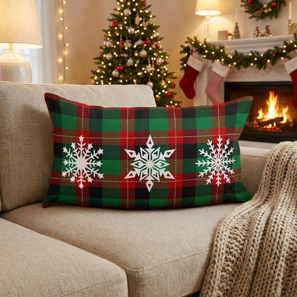 12" X 20" Green Red And Black Christmas Snowflakes Trio Plaid Throw Pillow Cover