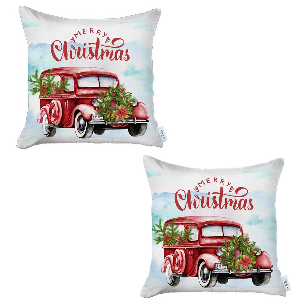 Set of 2 Merry Christmas Vintage Red Car Thow Pillow Covers