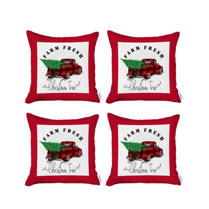 Set of Four 18" Red White and Black Farm Fresh Christmas Tree Christmas Holiday Red Truck Plaid Fabric Throw Pillow Covers