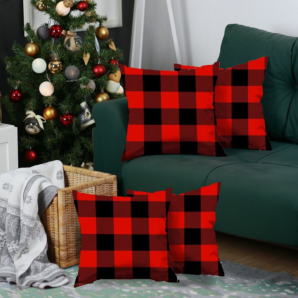 Set of Four 18" Red and Black Plaid Fabric Throw Pillow Covers