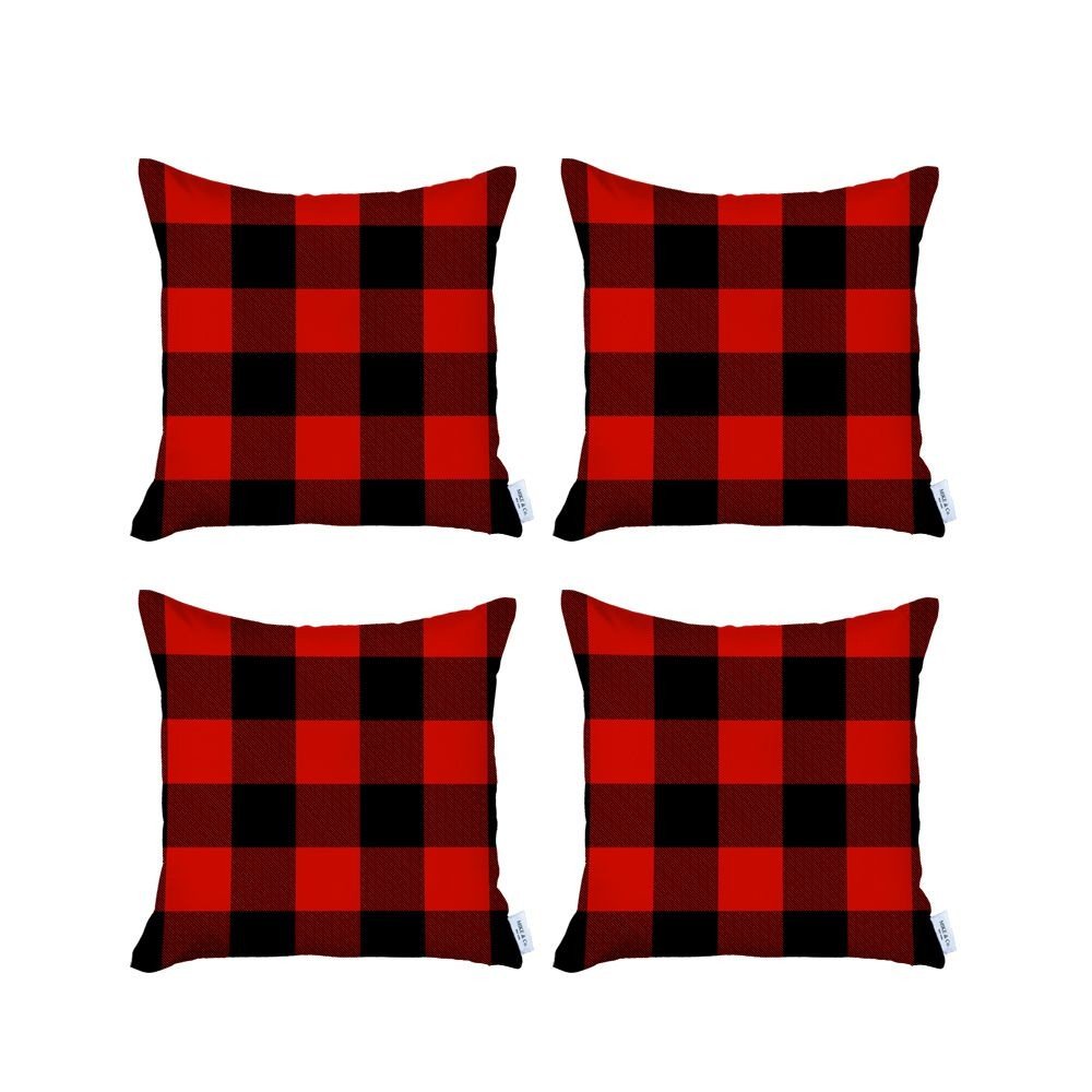 Set of Four 18" Red and Black Plaid Fabric Throw Pillow Covers