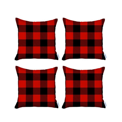 Set of Four 18" Red and Black Plaid Fabric Throw Pillow Covers