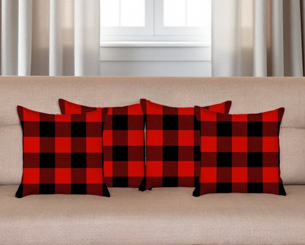 Set of Four 18" Red and Black Plaid Fabric Throw Pillow Covers