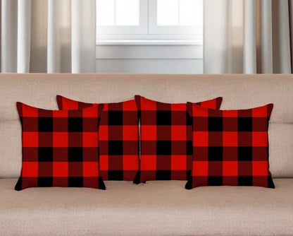 Set of Four 18" Red and Black Plaid Fabric Throw Pillow Covers