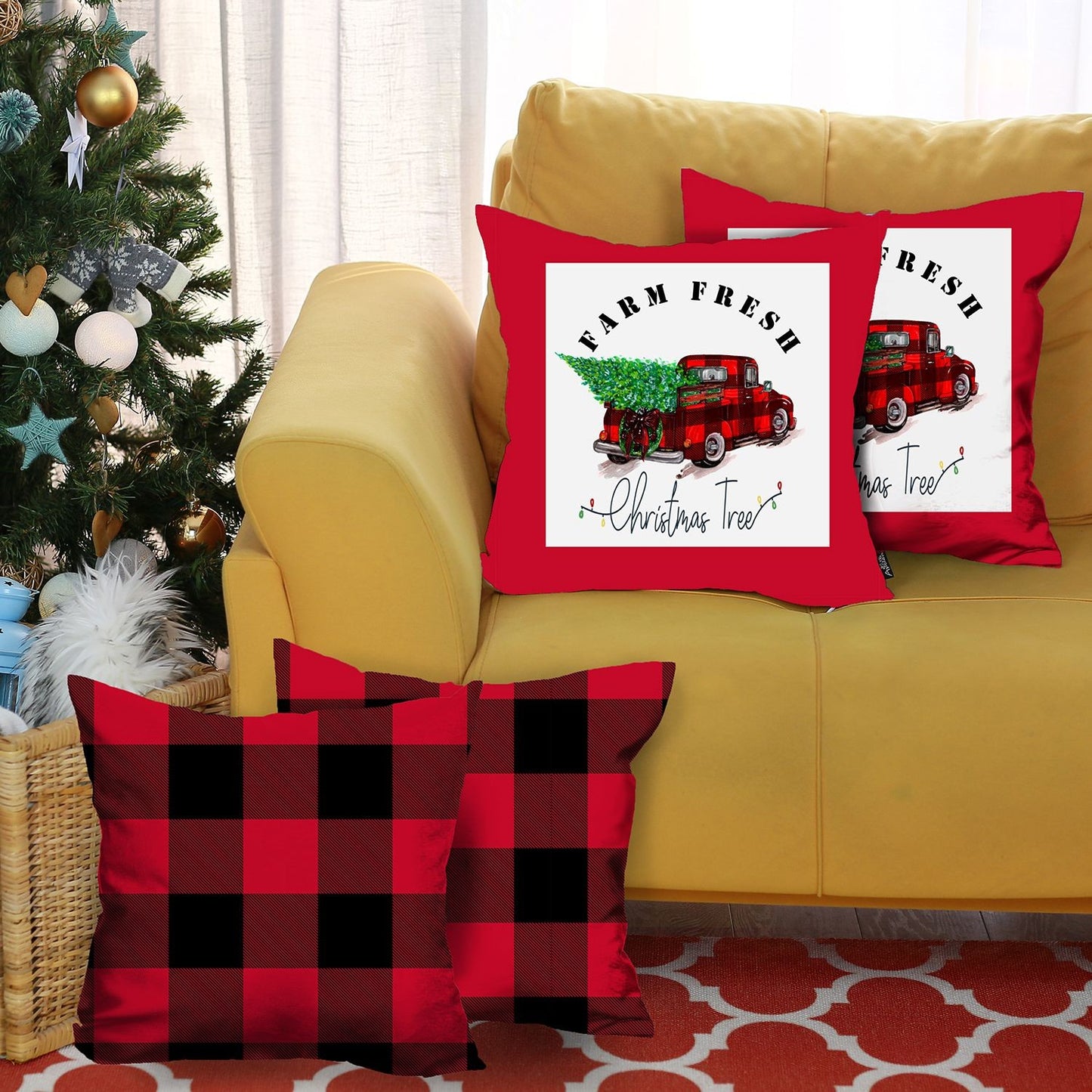 Set of Four Red and Black Christmas Christmas Tree Throw Pillow Cover