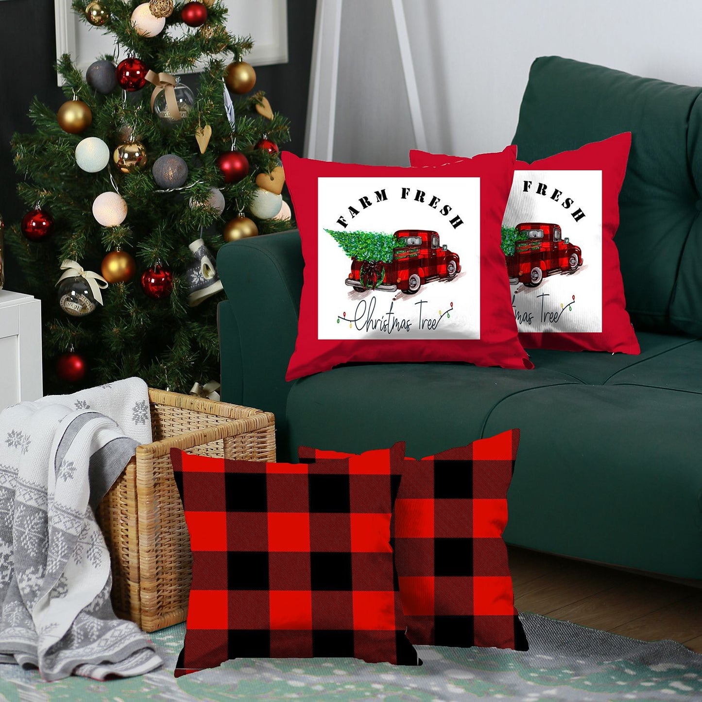 Set of Four Red and Black Christmas Christmas Tree Throw Pillow Cover