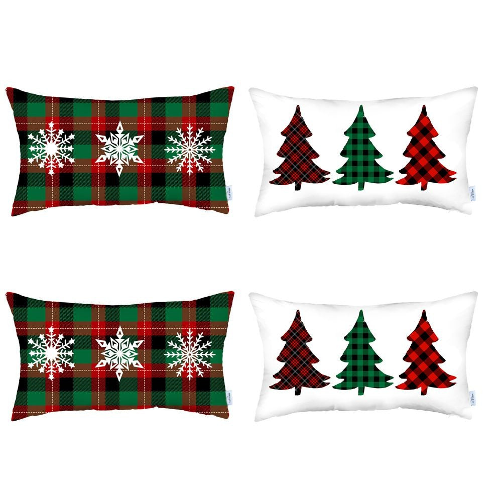 Set of 4 Christmas Plaid Lumbar Decorative Pillow Covers