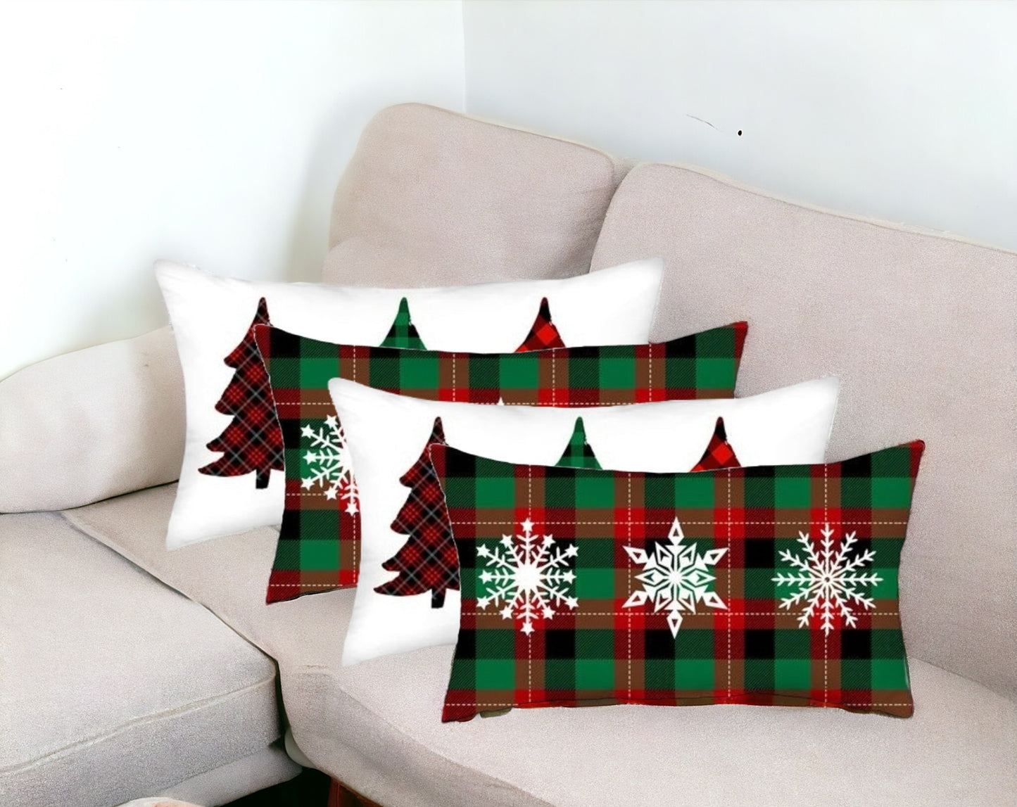 Set of 4 Christmas Plaid Lumbar Decorative Pillow Covers