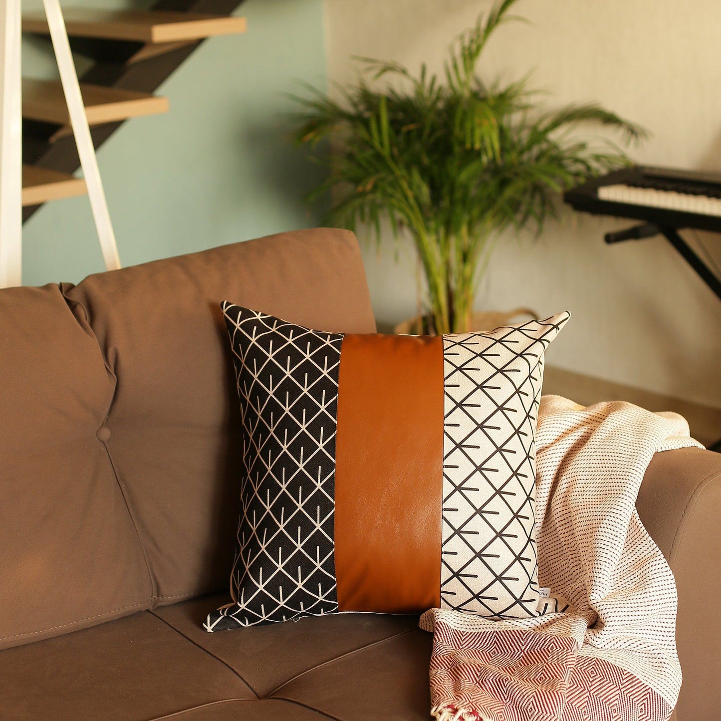 Set of 2 Brown Patterned and Solid Throw Pillows