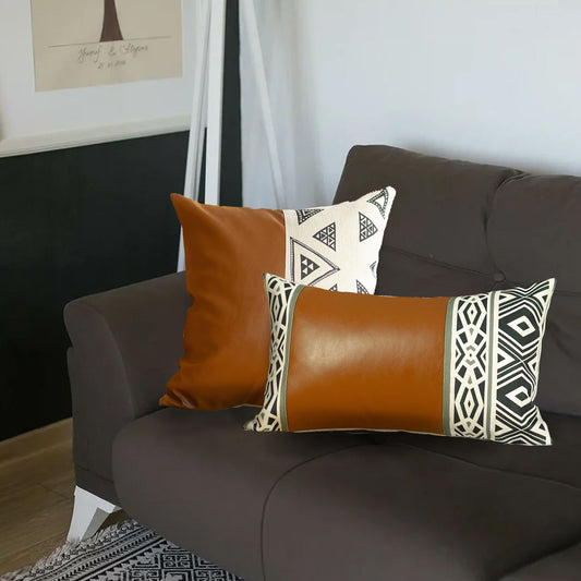 Set of 2 Brown Boho Faux Leather Throw Pillows