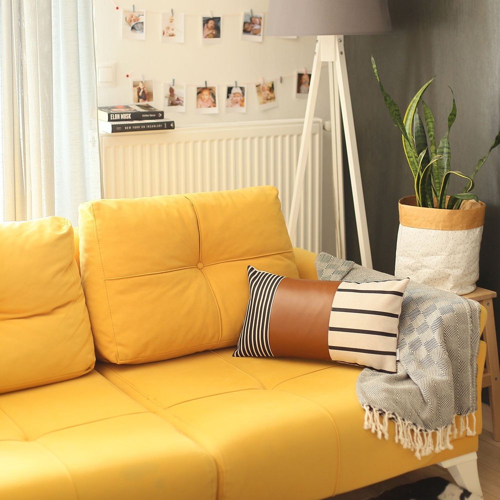 Set of Two Beige Brown and Black Geometric Fabric and Faux Leather Throw Pillows