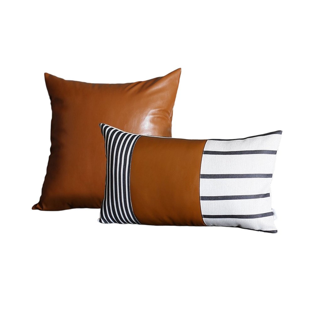 Set of Two Beige Brown and Black Geometric Fabric and Faux Leather Throw Pillows