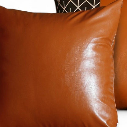 Set of Two 18" Brown Beige and Black Geometric Fabric and Faux Leather Throw Pillow Covers