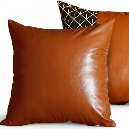 Set of Two 18" Brown Beige and Black Geometric Fabric and Faux Leather Throw Pillow Covers