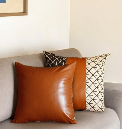 Set of Two 18" Brown Beige and Black Geometric Fabric and Faux Leather Throw Pillow Covers