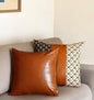 Set of Two 18" Brown Beige and Black Geometric Fabric and Faux Leather Throw Pillow Covers