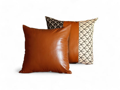 Set of Two 18" Brown Beige and Black Geometric Fabric and Faux Leather Throw Pillow Covers