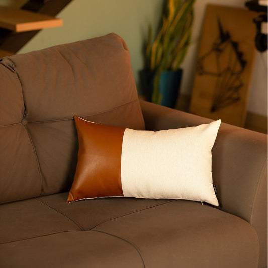 Set of Two Beige Brown and Black Geometric Fabric and Faux Leather Throw Pillow Covers