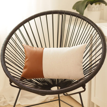 Set of Two Beige Brown and Black Geometric Fabric and Faux Leather Throw Pillow Covers