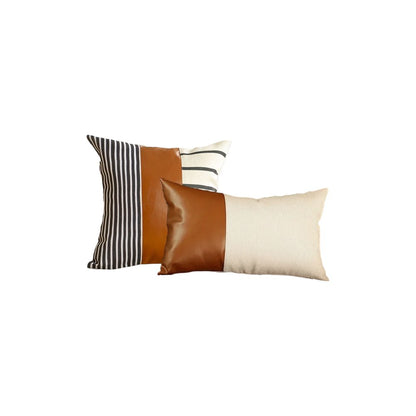 Set of Two Beige Brown and Black Geometric Fabric and Faux Leather Throw Pillow Covers