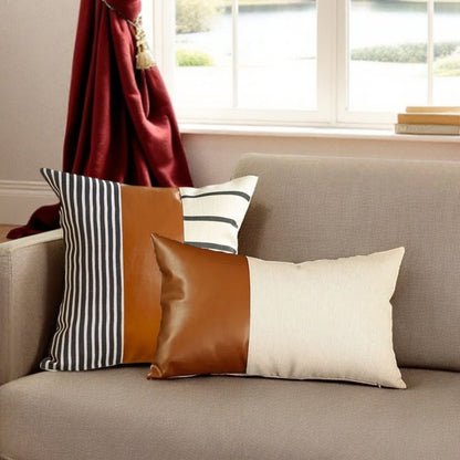 Set of Two Beige Brown and Black Geometric Fabric and Faux Leather Throw Pillow Covers