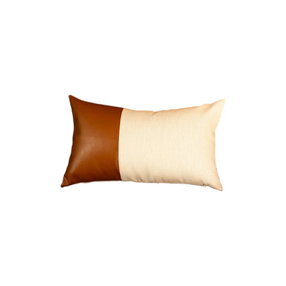 Set of Two Beige Brown and Black Geometric Fabric and Faux Leather Throw Pillow Covers