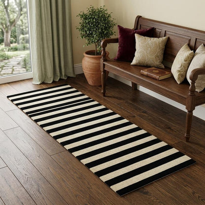 2' X 6' Black and Tan Wide Stripe Washable Runner Rug