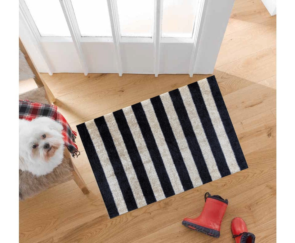 2' X 3' Black and Tan Wide Stripe Washable Floor Mat