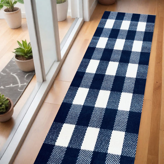 2' X 6' Navy and White Buffalo Plaid Washable Runner Rug