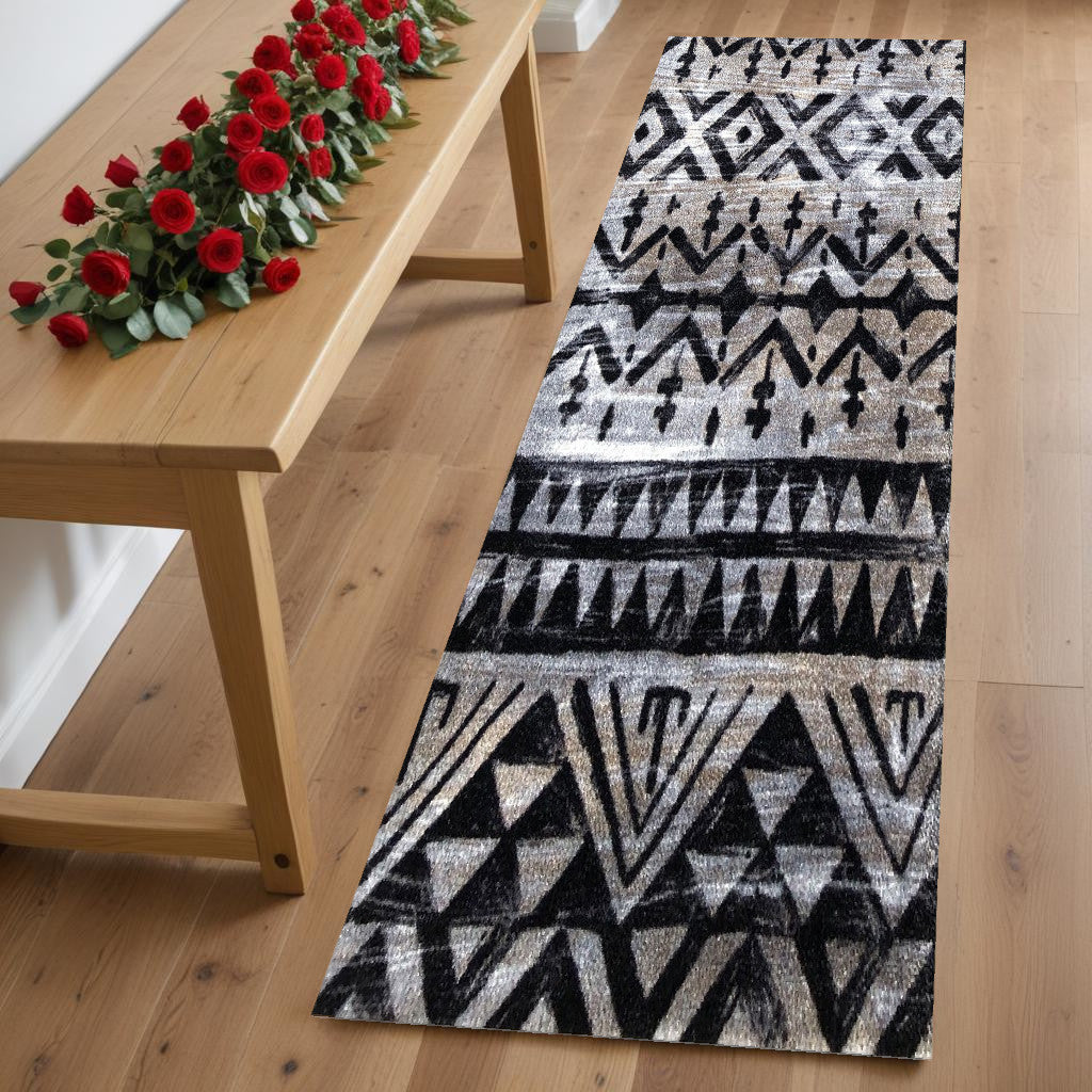 2' X 6' Black and Gray Aztec Washable Runner Rug