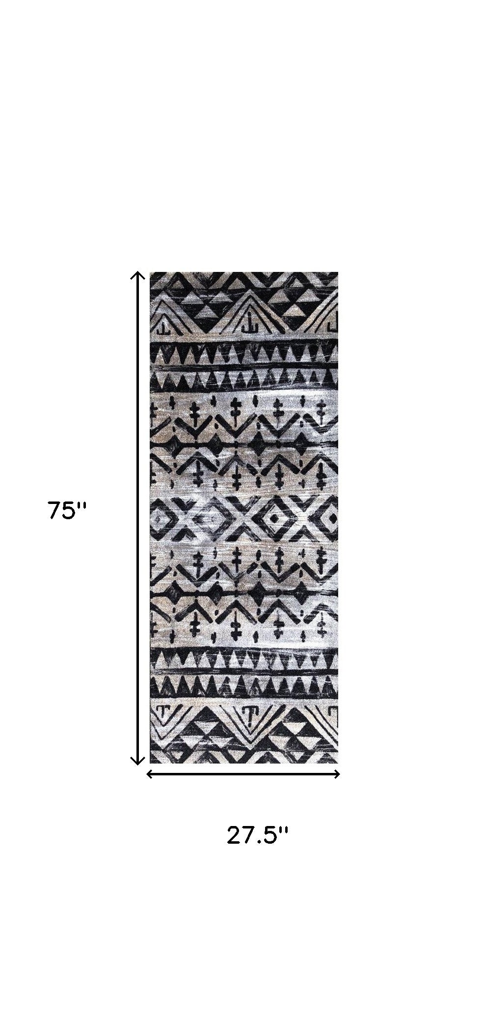 2' X 6' Black and Gray Aztec Washable Runner Rug