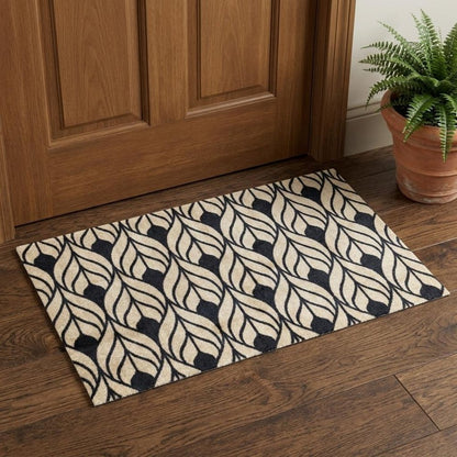 2' X 4' Graphite and Tan Abstract Leaves Washable Floor Mat