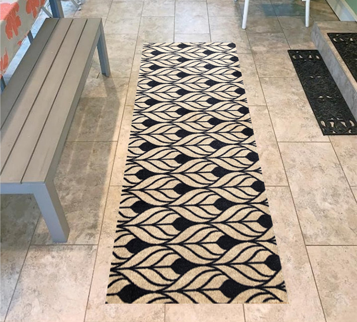 2' X 6' Graphite and Tan Abstract Leaves Washable Runner Rug