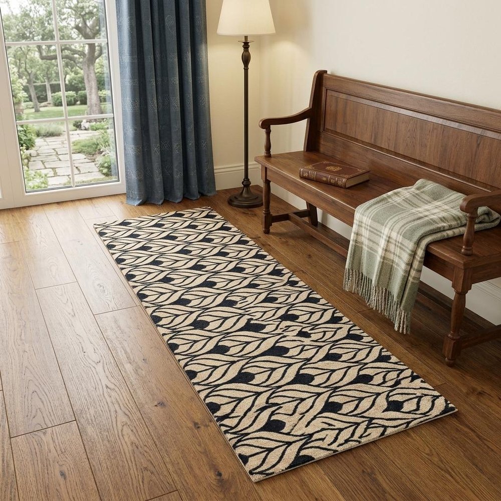 2' X 6' Graphite and Tan Abstract Leaves Washable Runner Rug