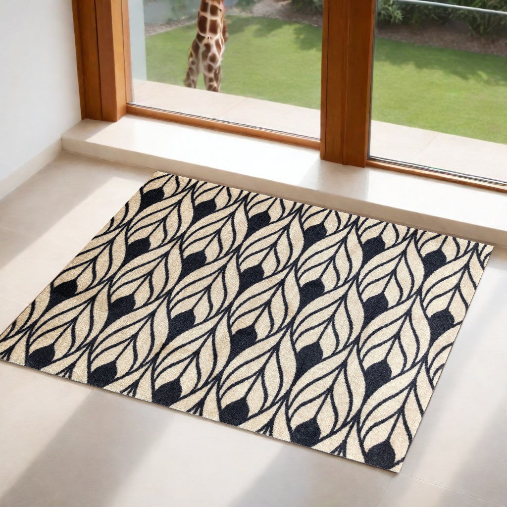 2' X 3' Graphite and Tan Abstract Leaves Washable Floor Mat