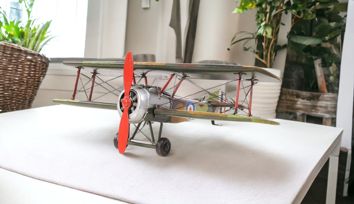 7" Green Metal Hand Painted Model Airplane Tabletop Sculpture