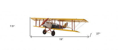 8" Yellow Red And Gray Metal Hand Painted Air Plane