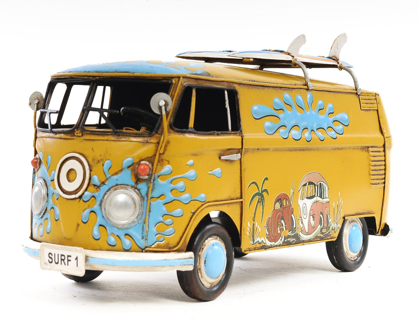 8" Blue and Yellow Metal Hand Painted c1967 Volkswagen Deluxe Model Car