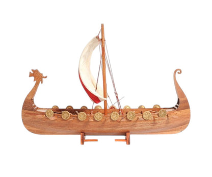 20" Wood Brown Solid Wood Hand Painted Model Boat Tabletop Sculpture