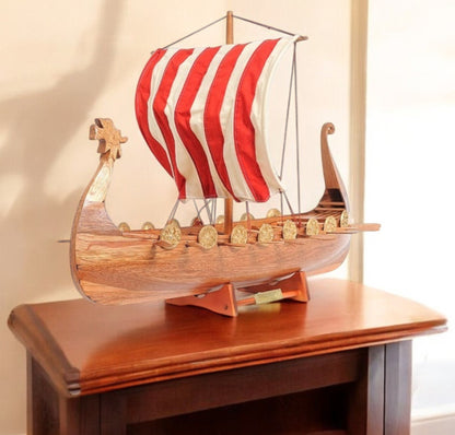 20" Wood Brown Solid Wood Hand Painted Model Boat Tabletop Sculpture