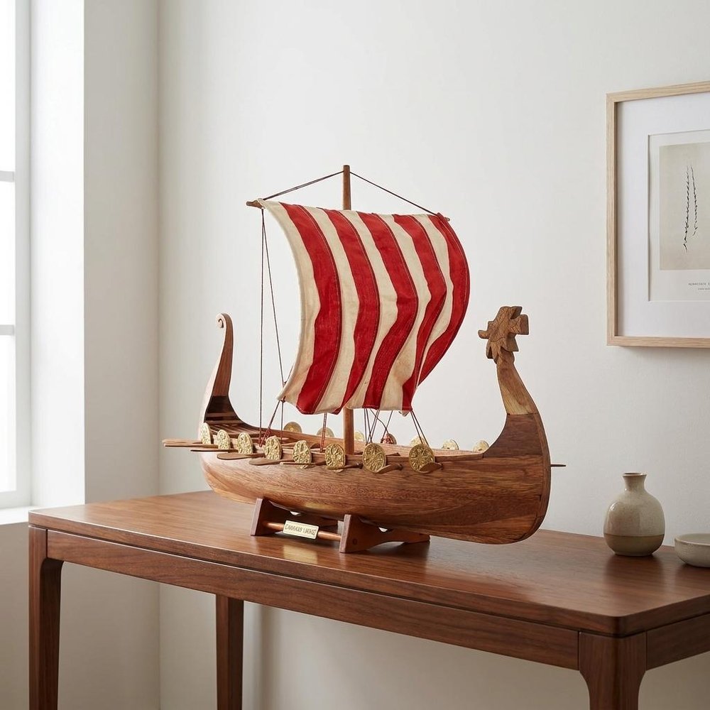 20" Wood Brown Solid Wood Hand Painted Model Boat Tabletop Sculpture