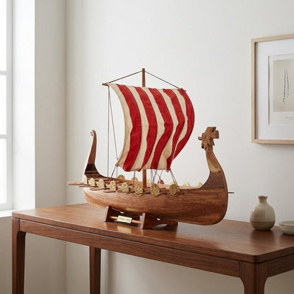 20" Wood Brown Solid Wood Hand Painted Model Boat Tabletop Sculpture