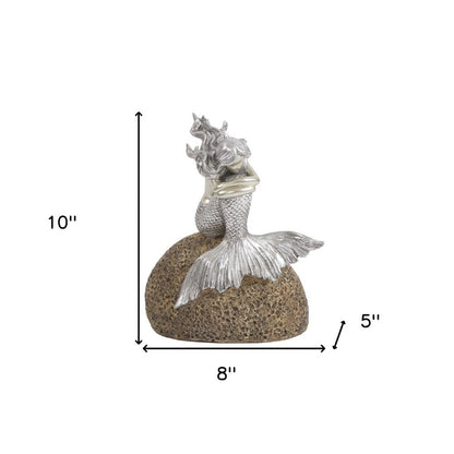 10" Brown and Silver Contemplative Mermaid Resin Tabletop Sculpture