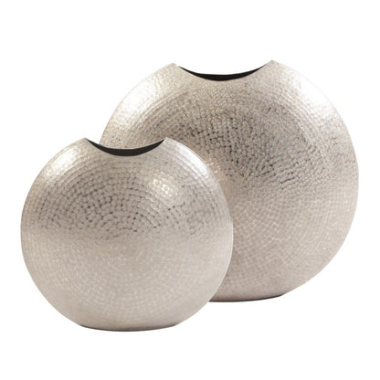 14" Silver Hammered Round Aluminum Table Vase